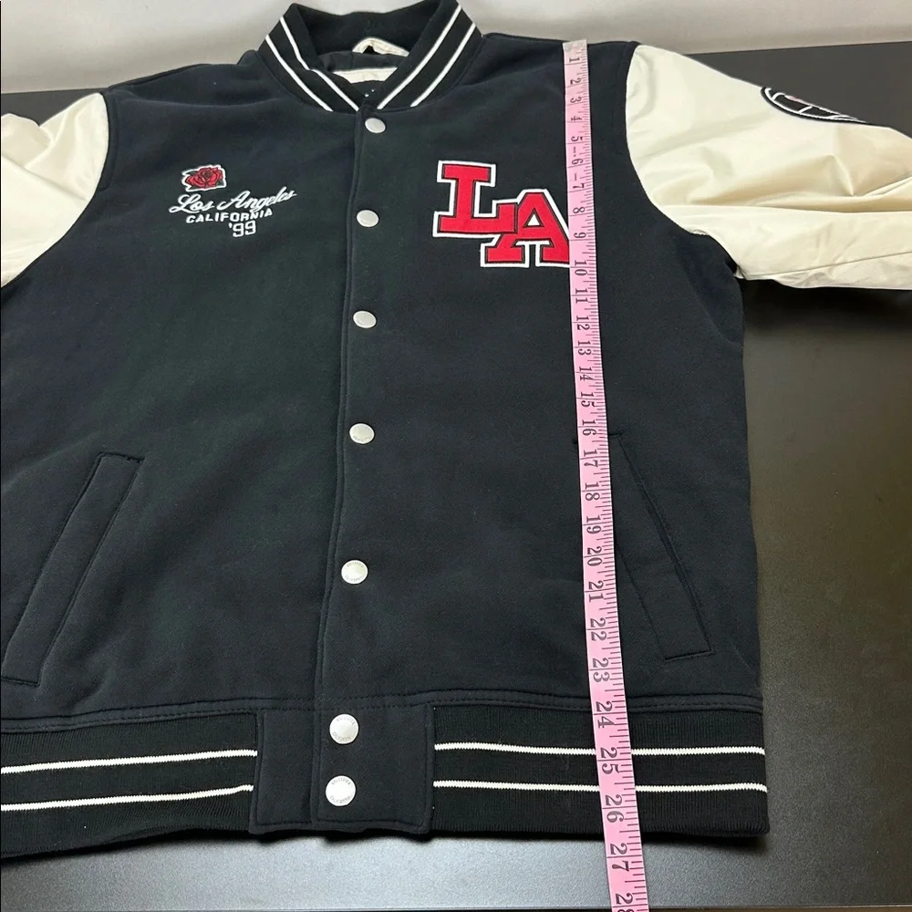 Hollister LA Varsity Bomber Jacket‎ Black Cream Size Large Snap Front Streetwear